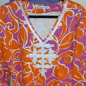 Barbara Gerwit Dress Hot Pink and Orange Split Neck Tunic Resort Wear 3/4 Sleeve